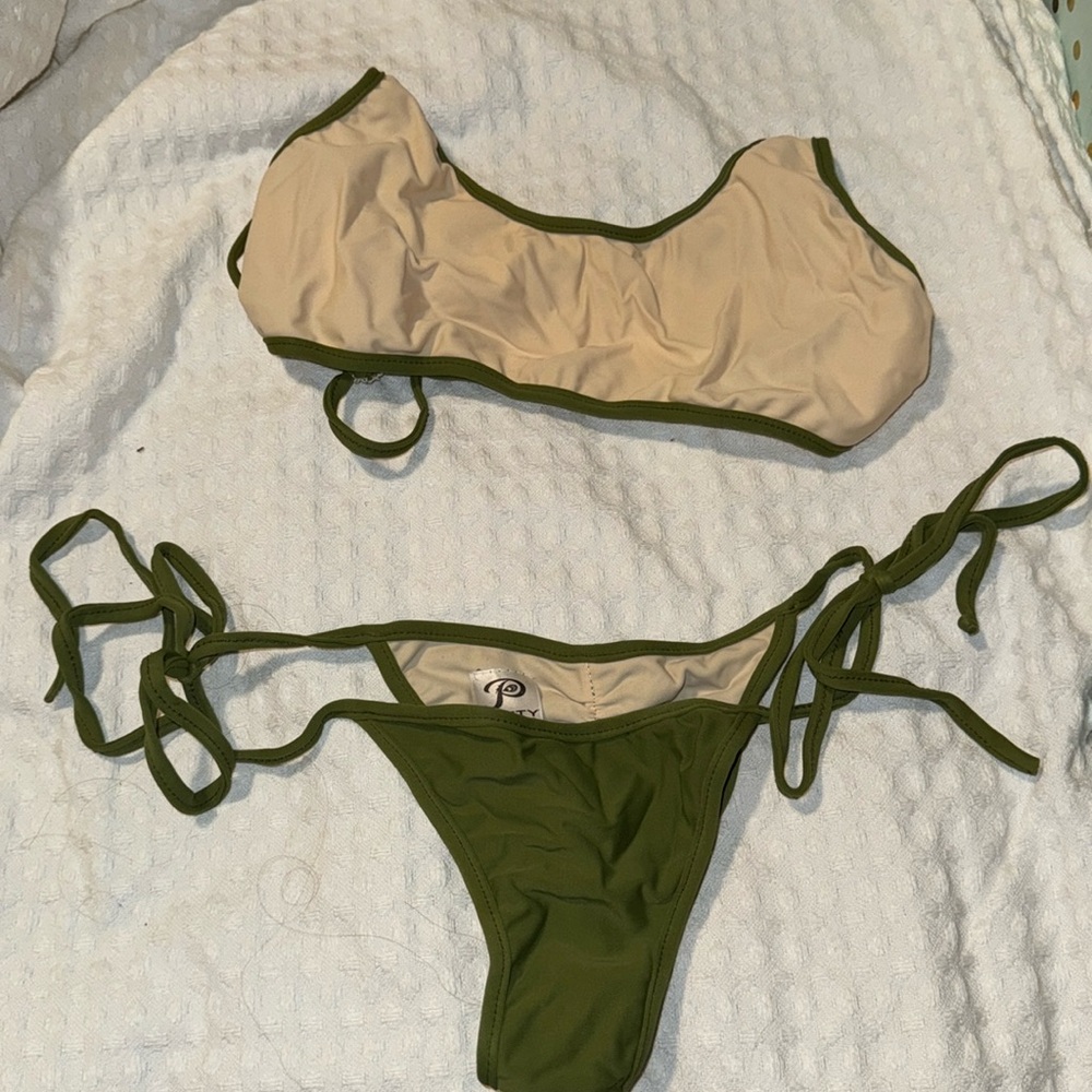 Olive green and tan reversible thong bikini